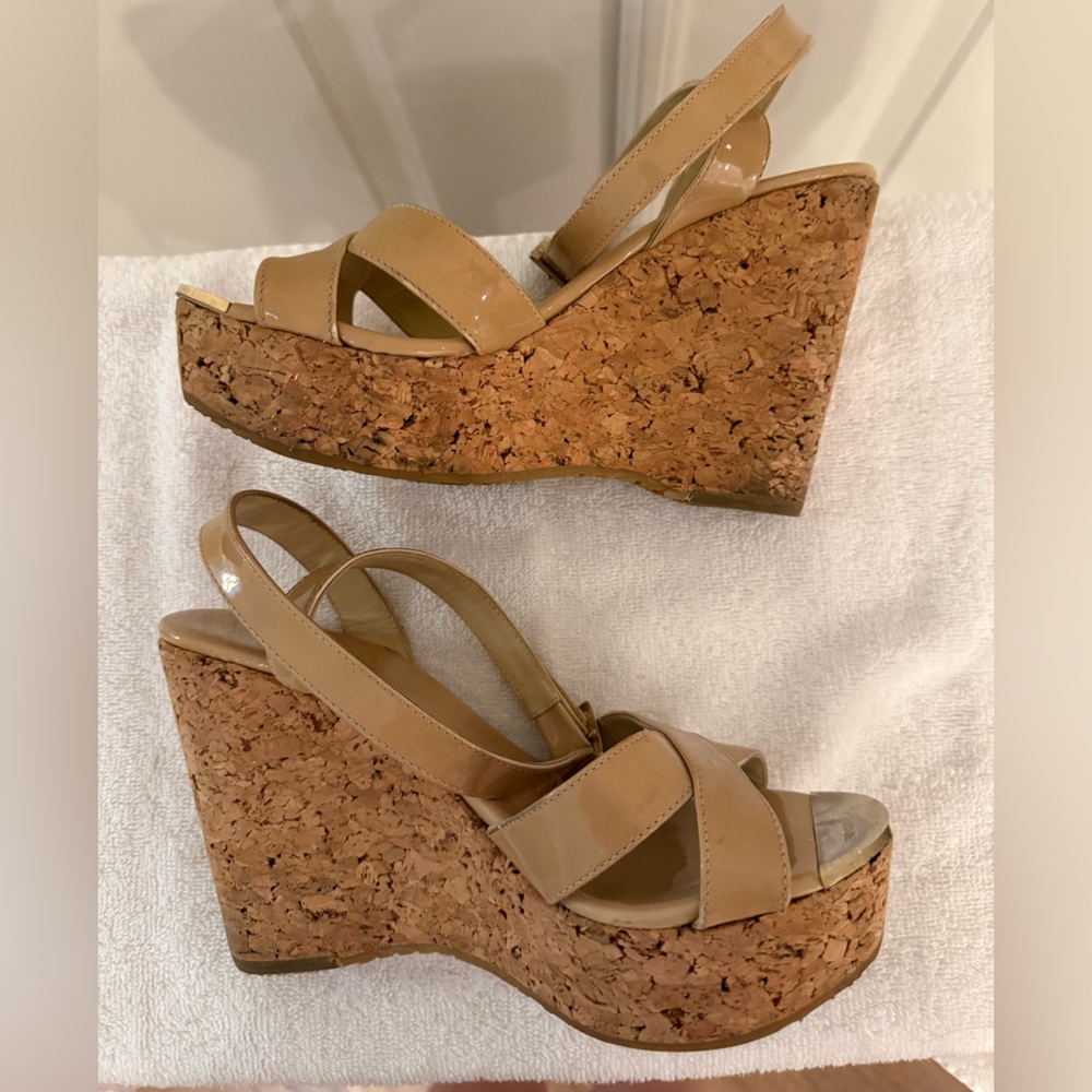 Jimmy Choo Tan Patent Cork Wedge Ankle Strap Sandals - Picture 2 of 7